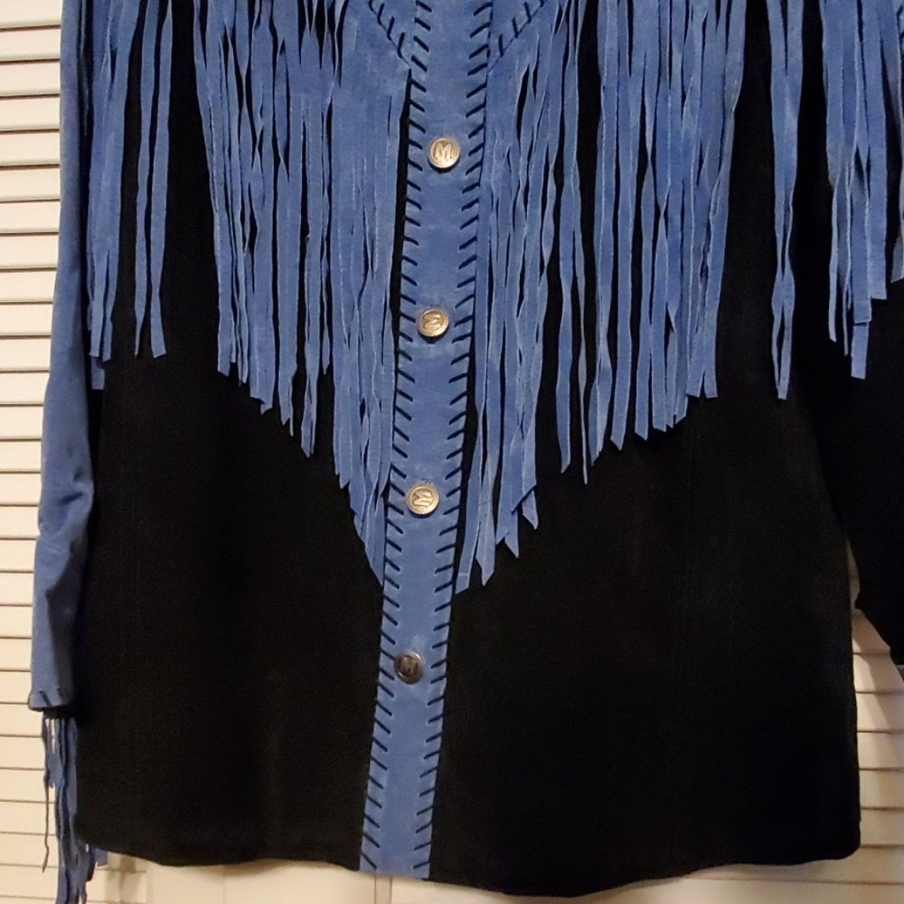 Bob Mackie Blue and Black Suede Fringe Western Jacket - Picture 5 of 10
